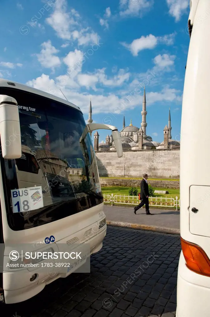 View from between two coaches to Sultanahmet or Blue Mosque; Istanbul, Turkey