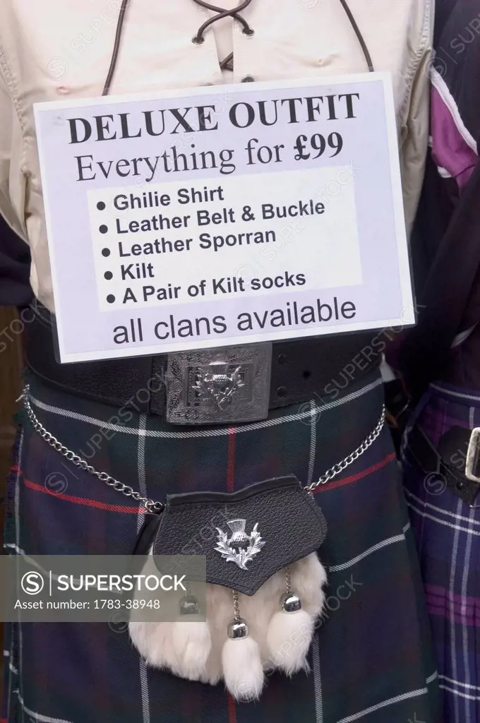 Full highland outfit for sale including kilt, sporran, tartan tat; Edinburgh, Scotland