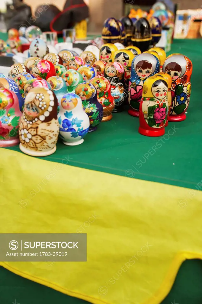 Russian dolls on souvenir stall around Red Square; Moscow, Russia