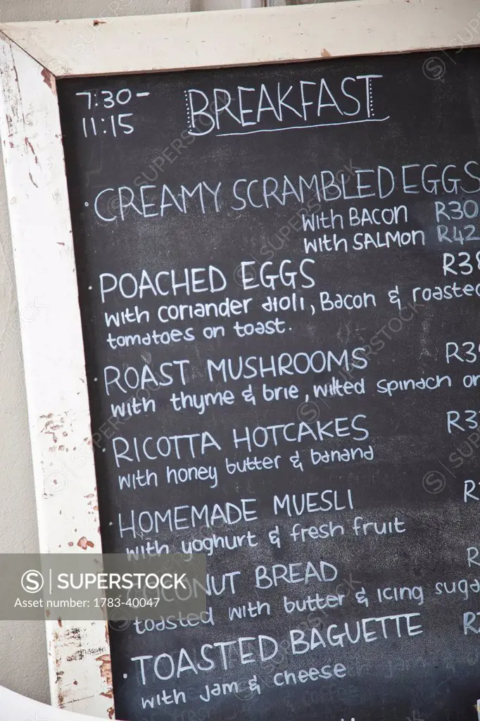 South Africa, Garden Route, Richmond Hill; Port Elizabeth, in Vovo Telo Cafe and Bakery, Menu blackboard