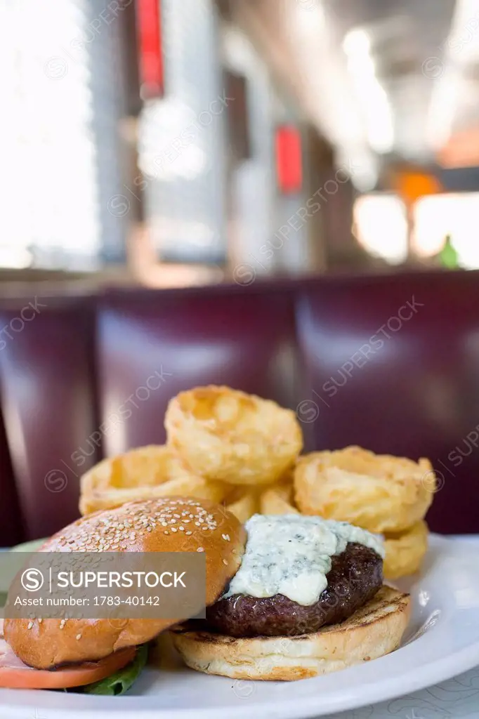 USA, New York State, New York City, Brooklyn, Close-up of cheeseburgers at Relish Diner; Williamsburg
