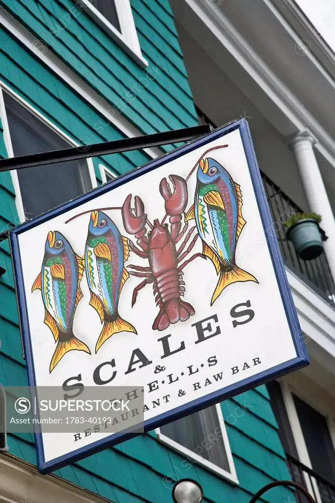 USA, Rhode Island, Newport, Fish restaurant sign; Thames Street