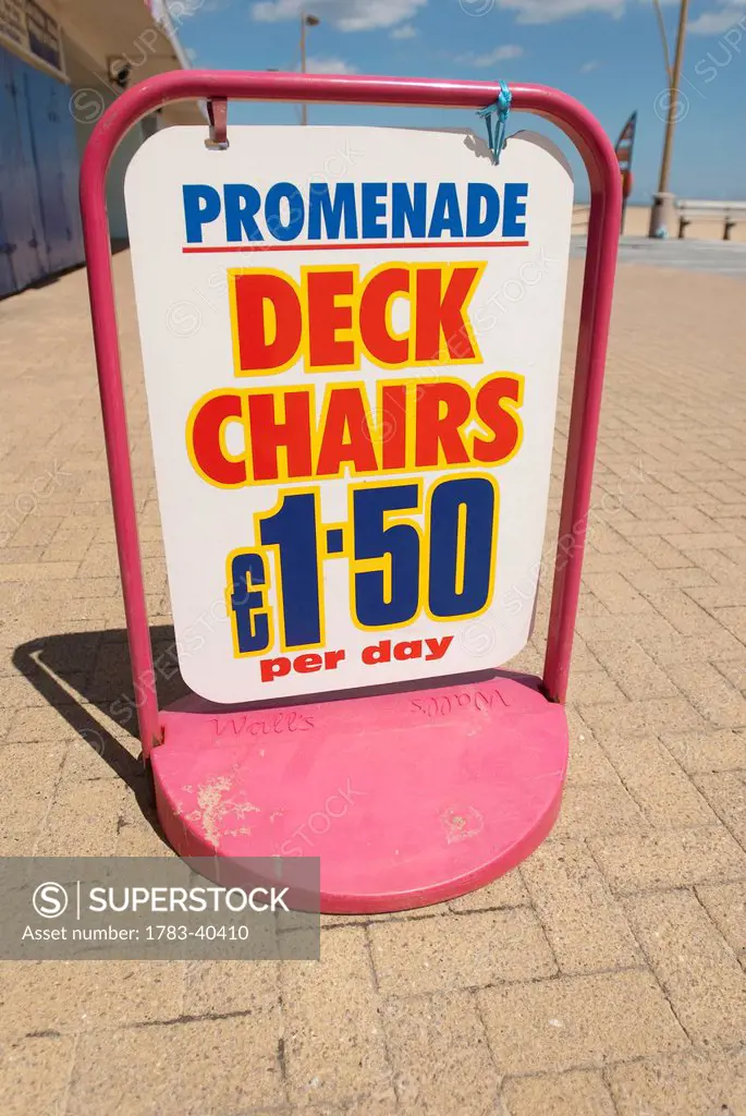 UK, England, Norfolk, Sign for deckchair hire on promenade; Great Yarmouth