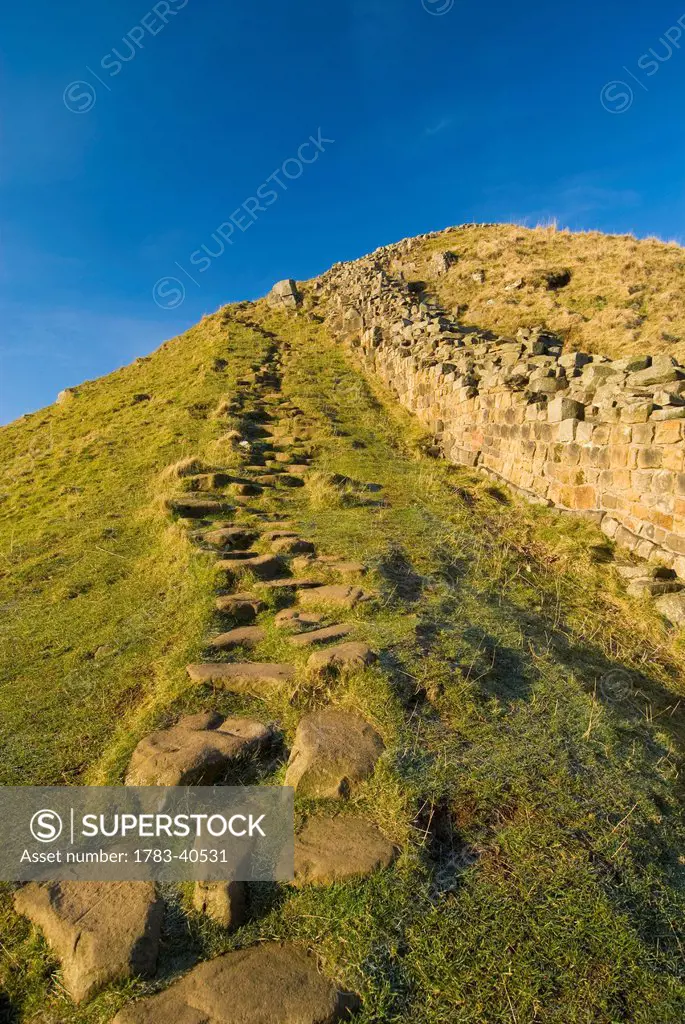 View Up Hadrian's Wall Near Housesteads, Northumerland, England.&#Xd;&#Xa;© Ian Cumming / Axiom