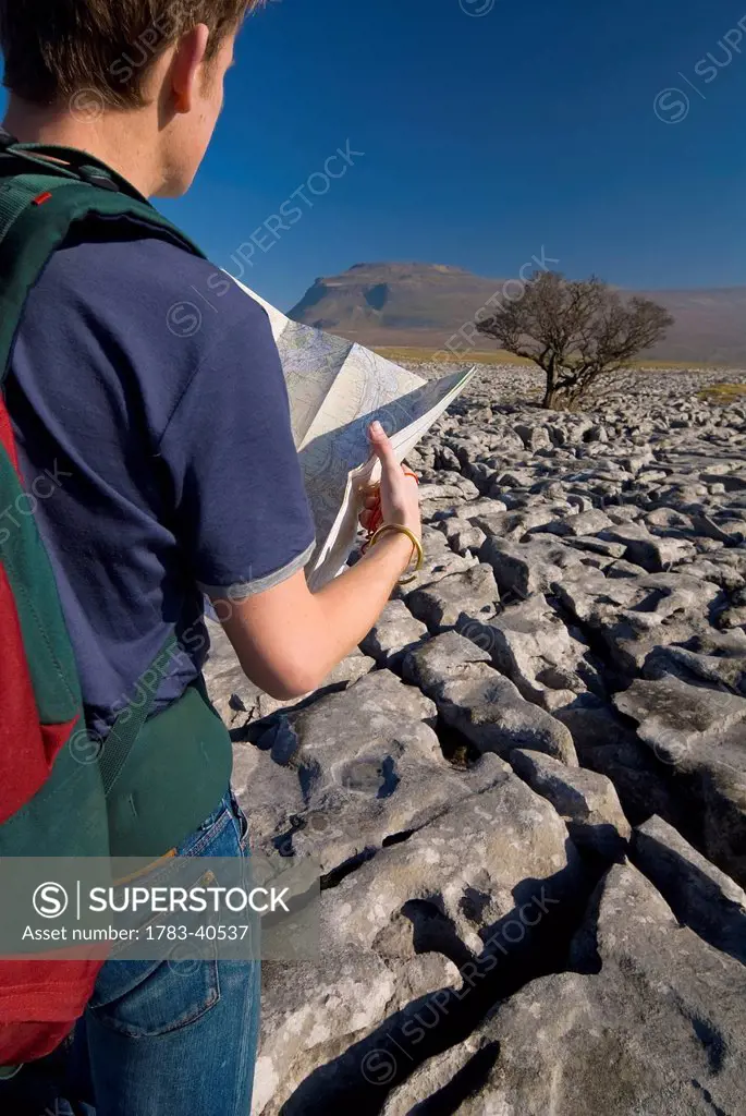 Man With Rucksack Looking At Map On Limestone Pavement With Ingleborough Hill In The Distance Near Ingleton, Yorkshire Dales National Park, North York...