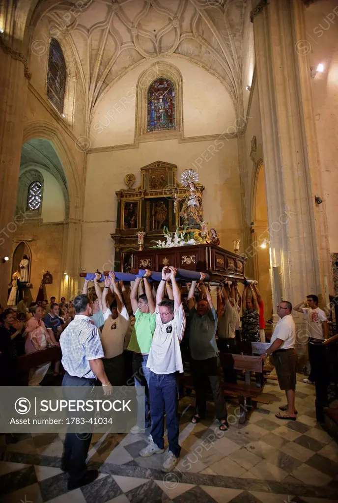 Spain, Andalusia, Costa De La Luz, Virgin Del Carmen parade begins at San Mateus Church; Tarifa
