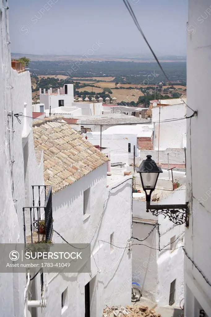 Spain, Andalucia, Costa De La Luz, White houses and landscape; Vejer De La Frontera