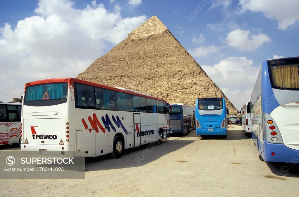 Egypt, Coaches parked at Chephren Pyramid; Giza