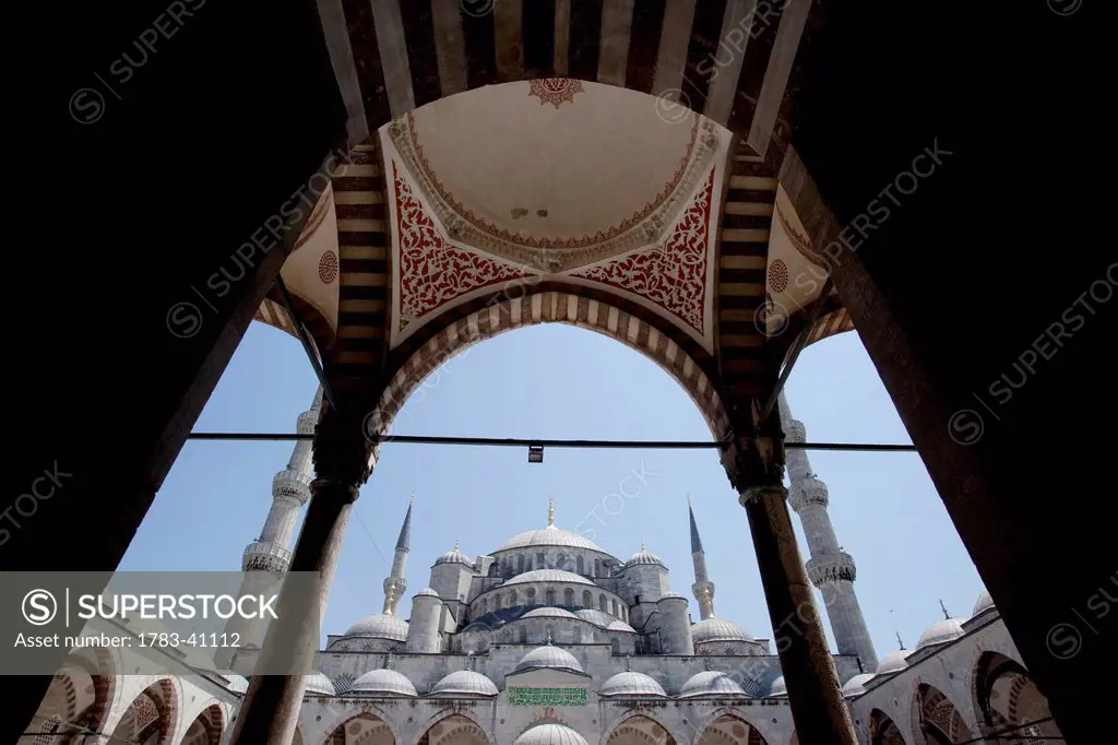 Turkey, Istanbul, Blue Mosque seen from main entrance arch; Sultanahmet
