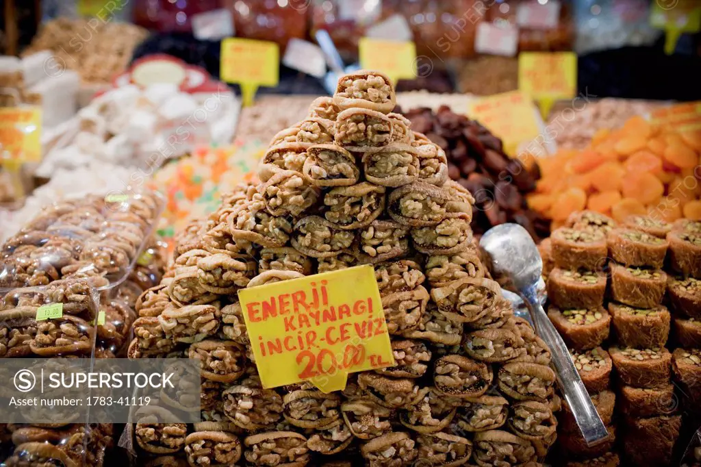 Turkey, Istanbul, Tourist shop selling Walnuts in figs and other dried fruits at Egyptian Bazaar; Eminonu