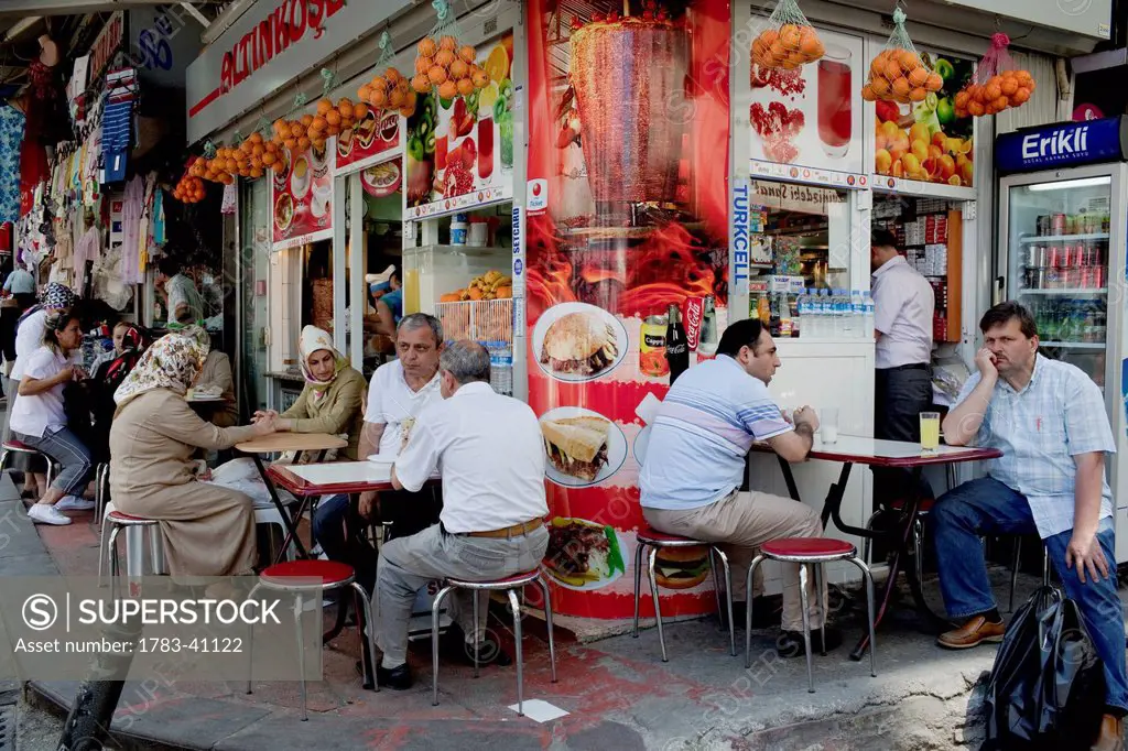 Turkey, Istanbul, Kebab shop outside Egyptian Bazaar; Eminonu