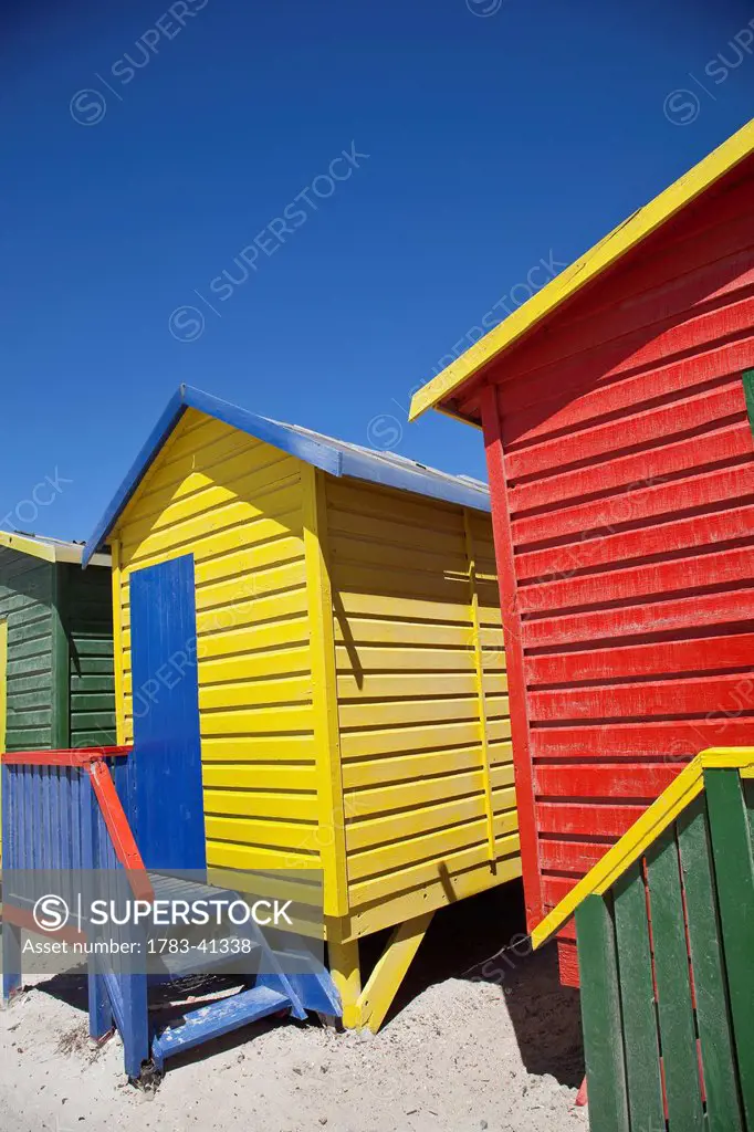 South Africa, Cape Town, Row of colorful huts; Muizenberg