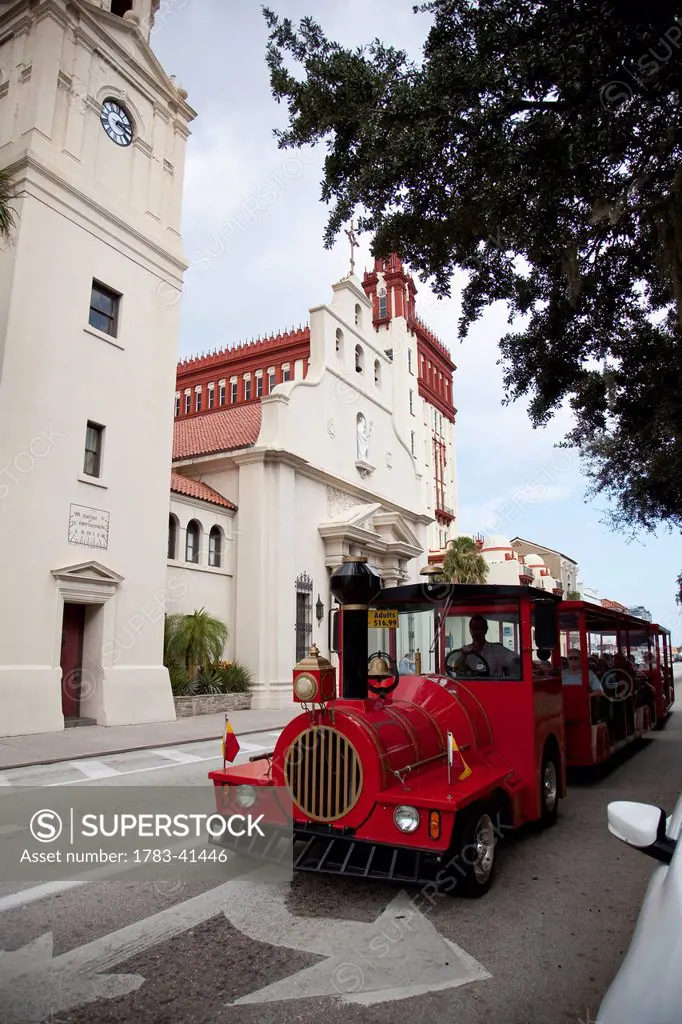USA, Florida, Tourist trolley on street; St Augustine