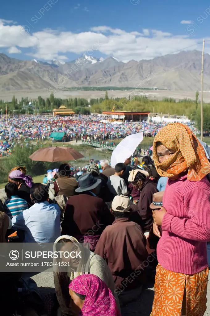 Crowds at the Dalai Lama's teachings. The Dalai Lama spent four days of August in Leh, Ladakh. Ladakh is a Buddhist enclave in northern India. © James...