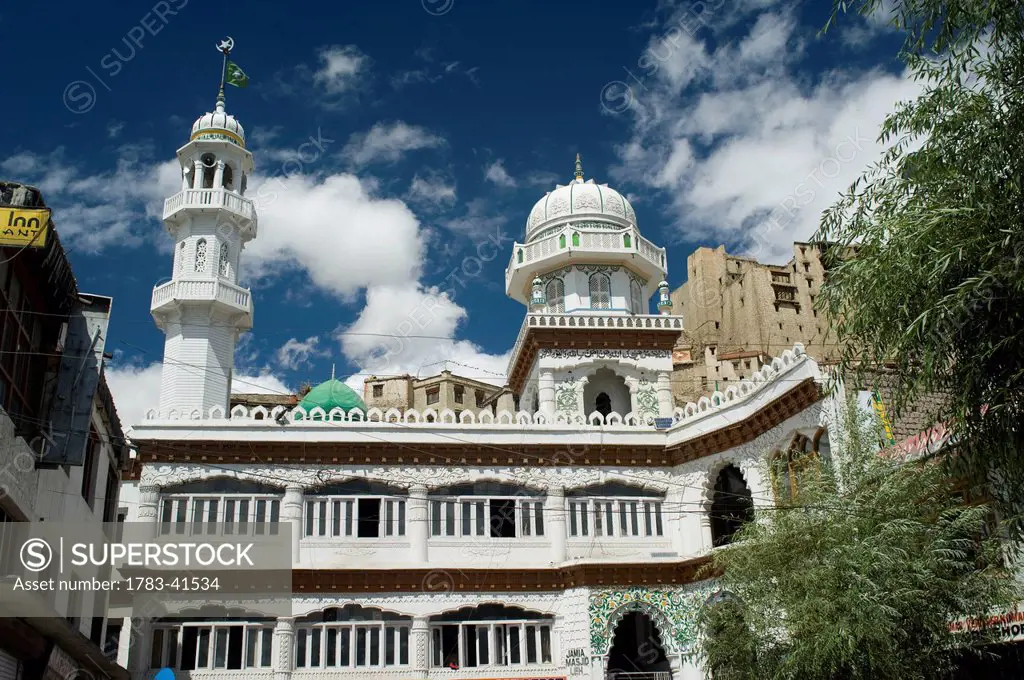 Jama Masjid mosque with Leh Palace behind. Leh was the capital of the Himalayan kingdom of Ladakh, now the Leh District in the state of Jammu and Kash...