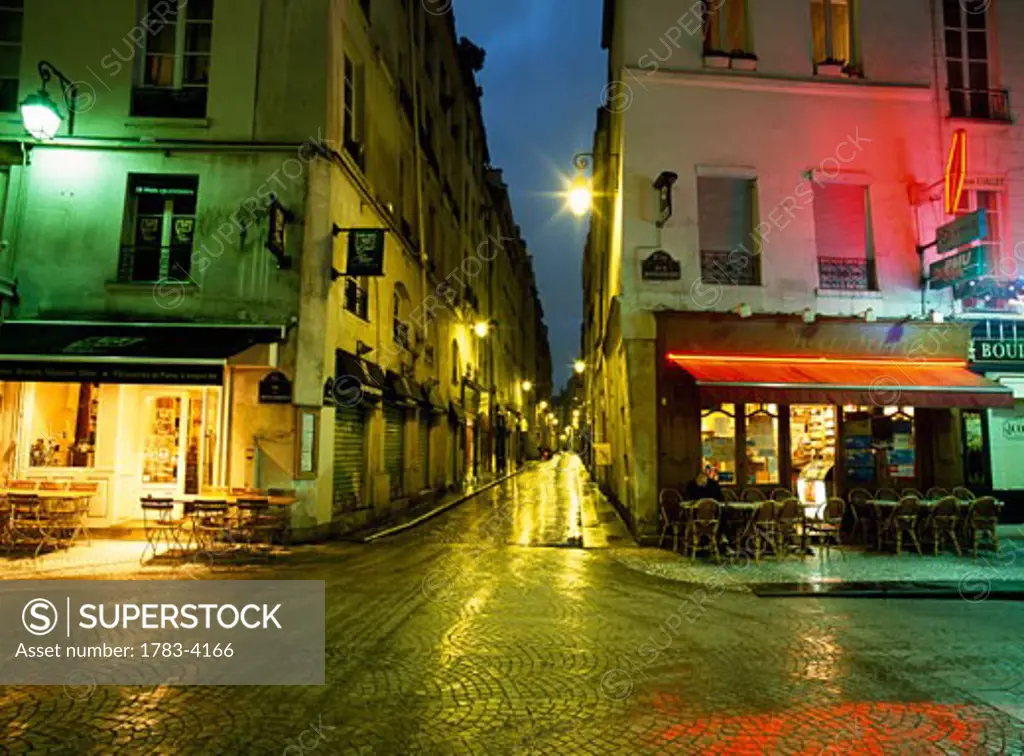 Cafes on Rue Montorgueil before dawn, Paris, France