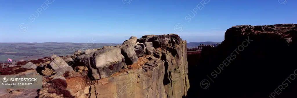 UK, England, Yorkshire, Panoramic shot of view from top of Cow and Calf Rocks; Ilkley Moor