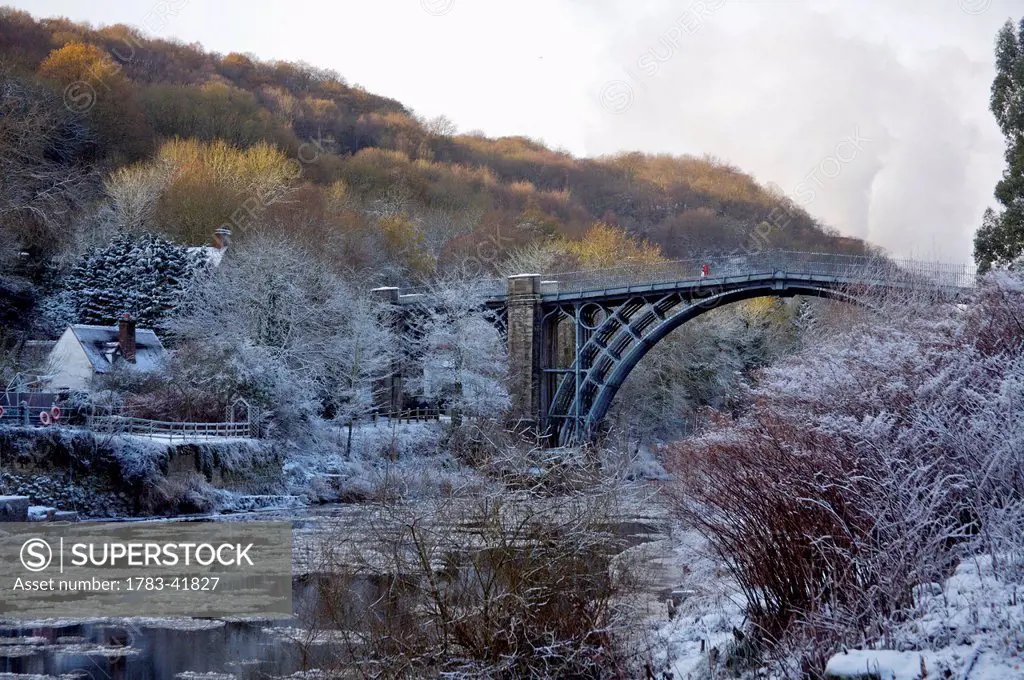 Ironbridge Gorge and world's first iron bridge; ice floes in River Severn; UK