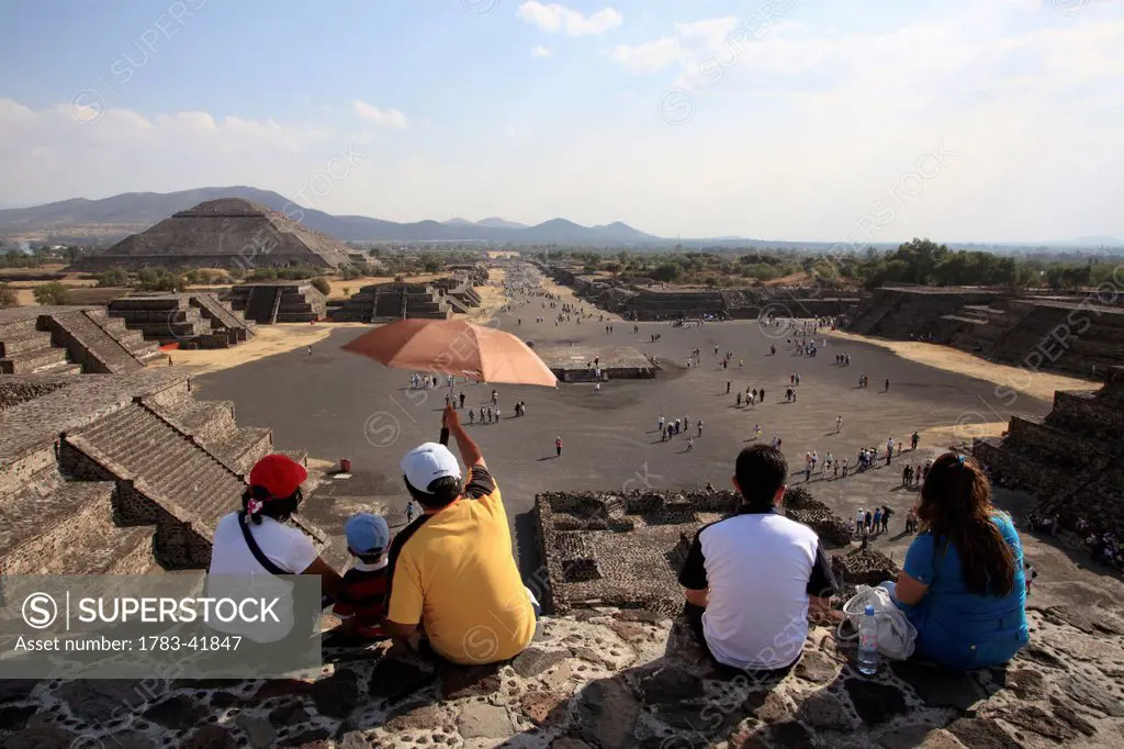 near Mexico city; Mexico, Teotihuacan archeological site, View from top of Pyramid of the Moon along Avenue of the Dead