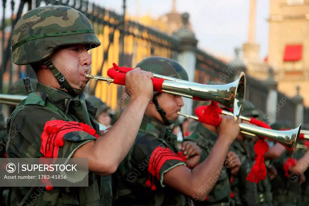 Mexico, Military band playing as part of daily flag lowering ceremony in El Zocalo square; Mexico city