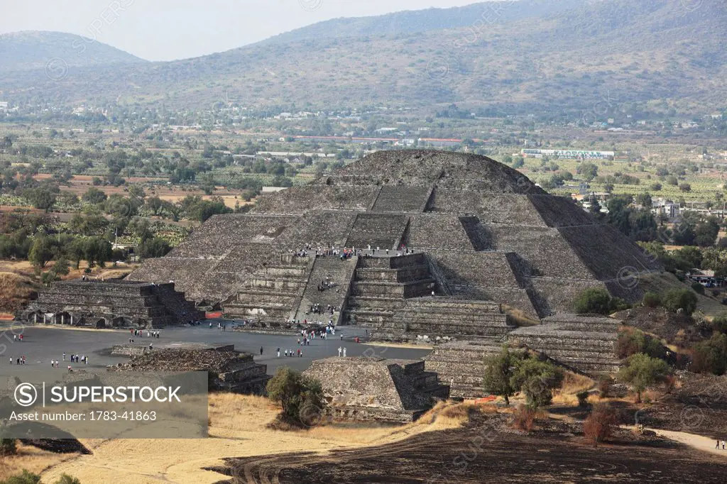 near Mexico city; Mexico, Teotihuacan archeological site, View from Pyramid of the Sun towards Pyramid of the Moon
