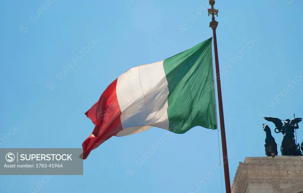 Italy, Italian flag at National Monument of Victor Emmanuel II; Rome