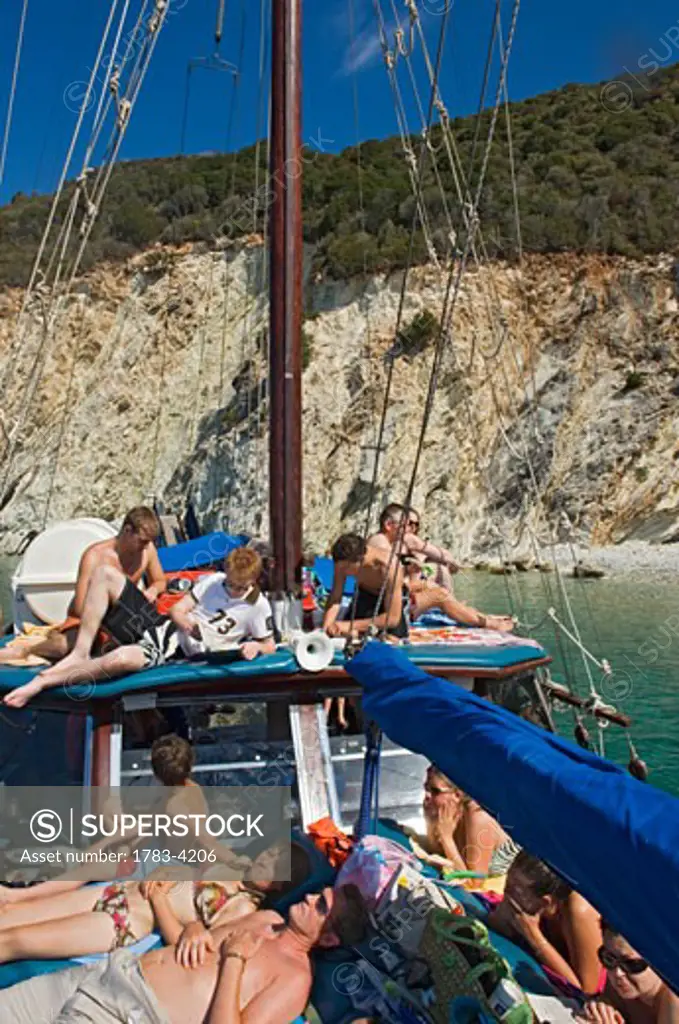 Cruise boat near coast in Ionian Sea, Lefkas, Greece