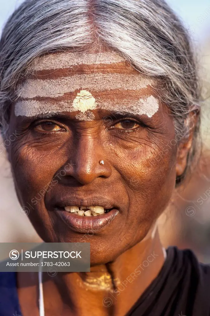 India, Karnataka, Portrait of Indian woman on Gokarna Beach; Gokarna