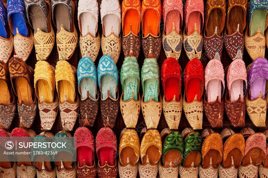 Traditional shoes for sale in market; Dubai, United Arab Emirates