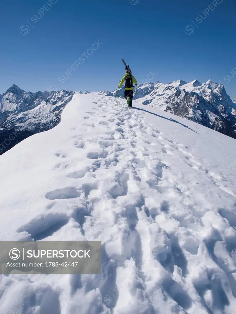 Skier carrying skis in mountains; Meiringen, Switzerland