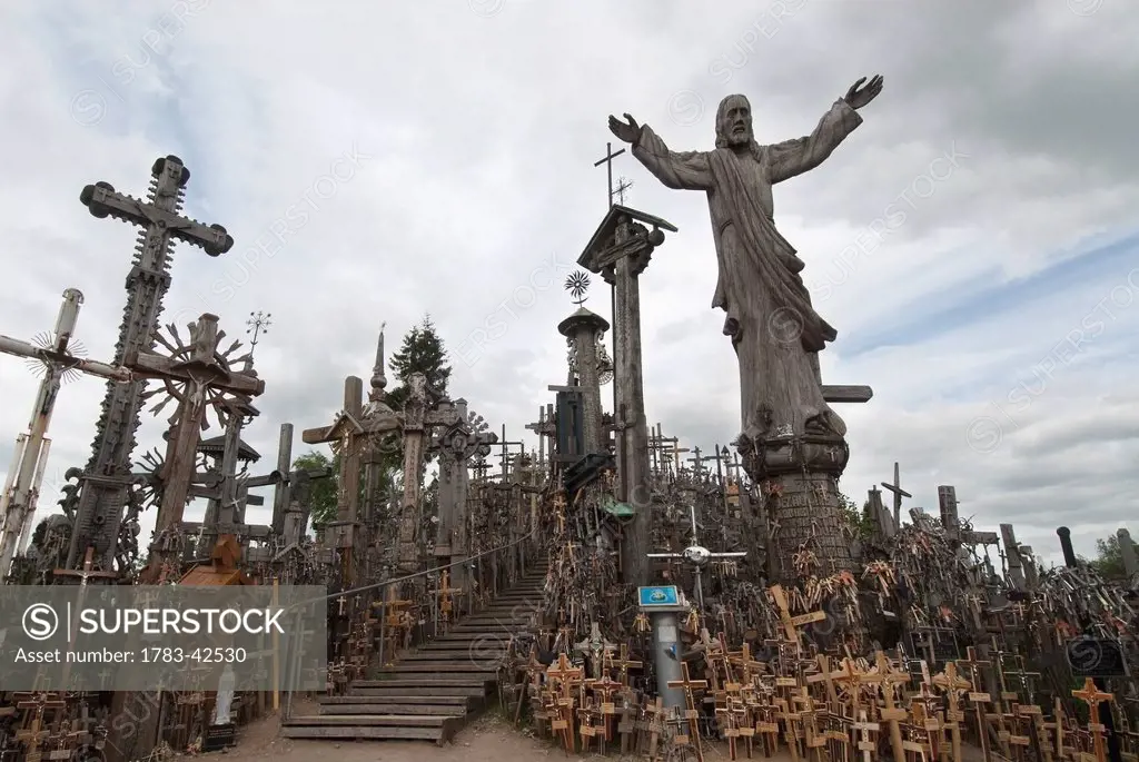 View of Jesus Christ monuments and crosses; Siauliai, Lithuania