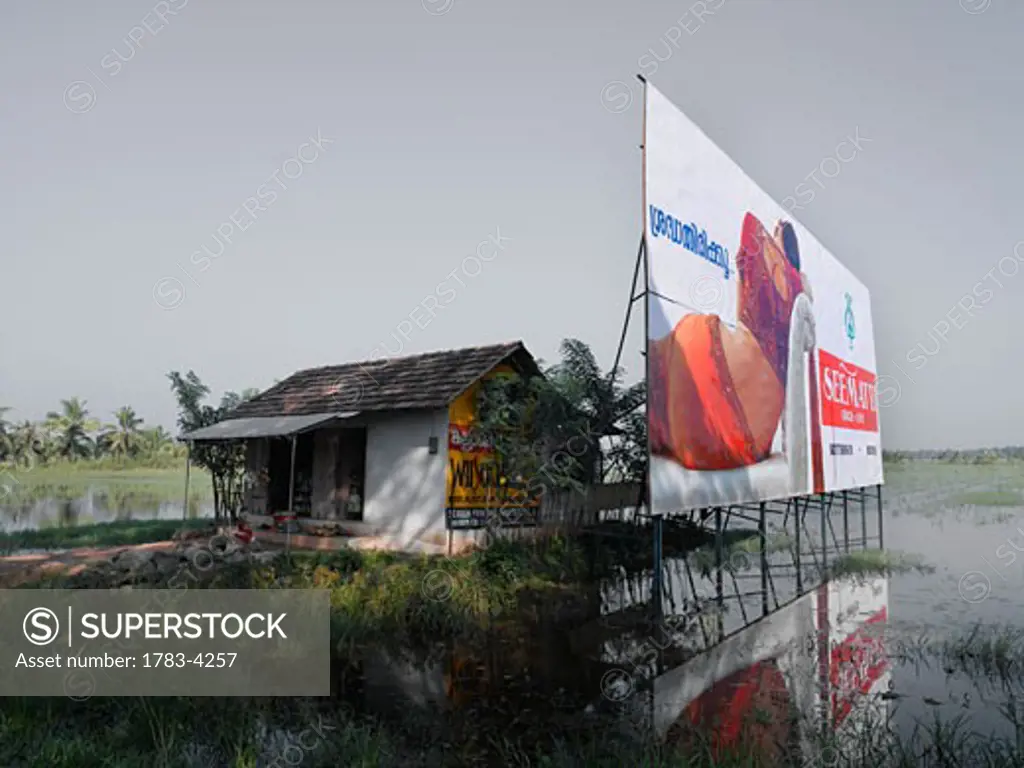 Billboard by rice paddies, Kerala, South India