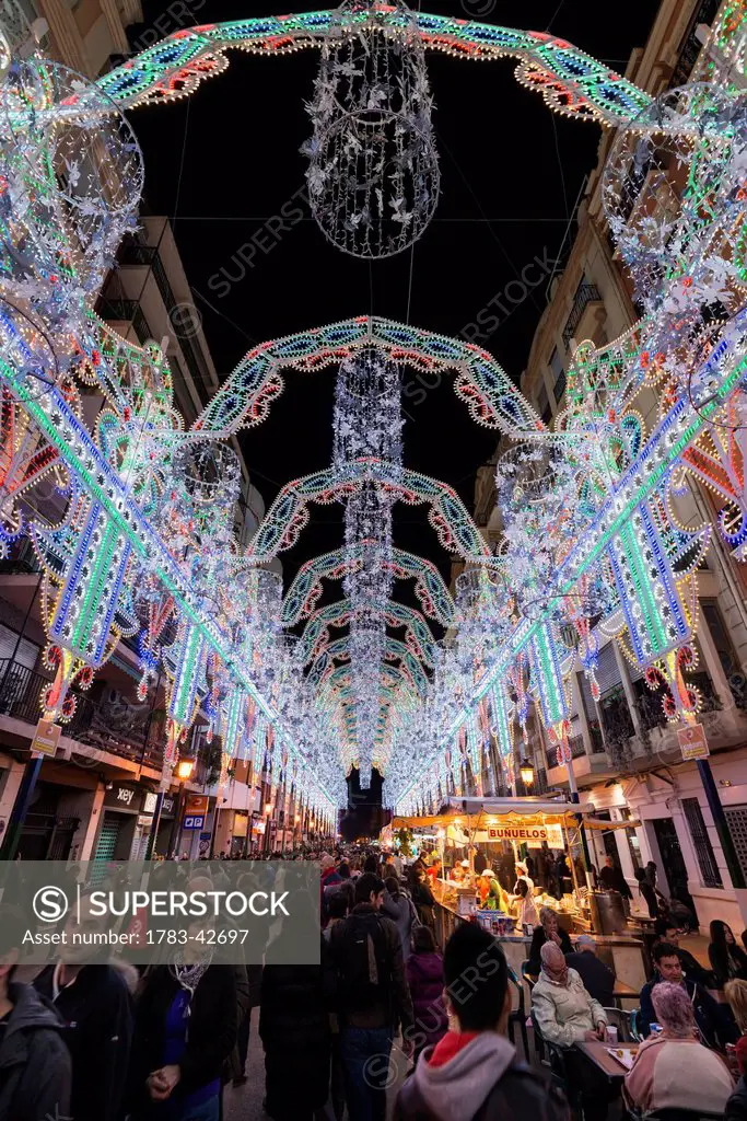 Thousands of LEDs lighting up street as part of Fallas Festival; Valencia, Spain