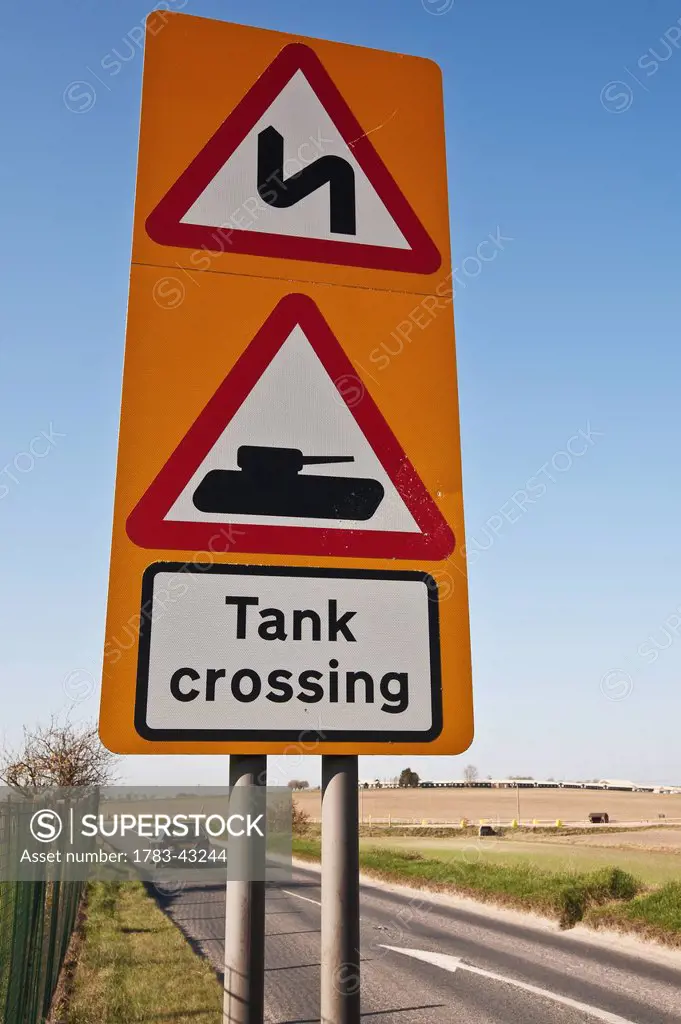 Tank crossing road sign on Salisbury Plain, along A360 road near Tilshead village; Wiltshire, England, UK