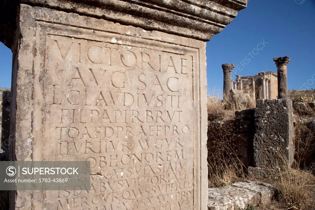 Roman ruins, inscriptions along the Cardo Maximus; Djemila, Algeria