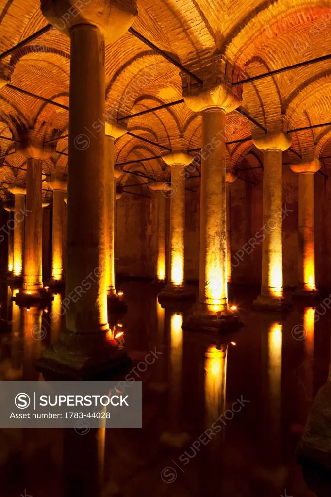 The inside of Basilica Cistern in Sultanahmet; Istanbul, Turkey
