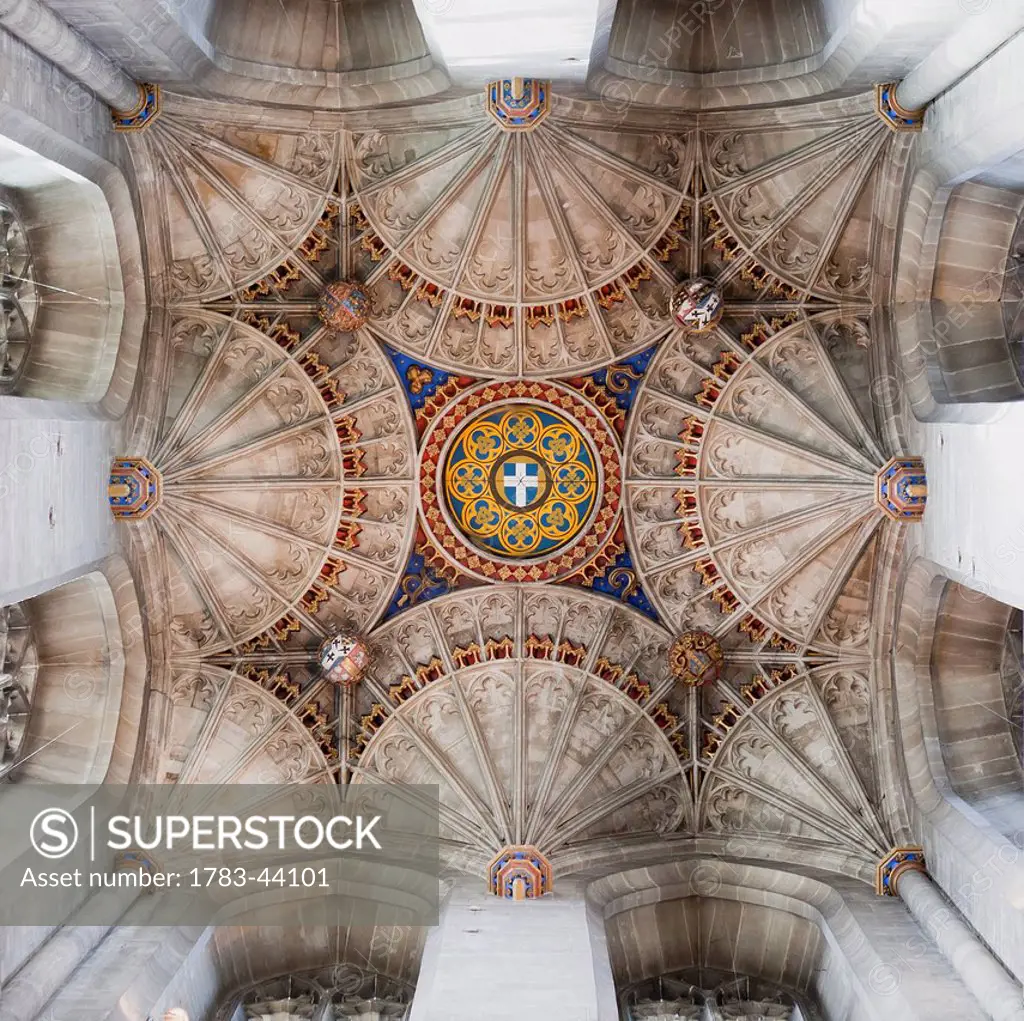 Low angle view of the ceiling inside Canterbury Cathedral; Canterbury, Kent, England