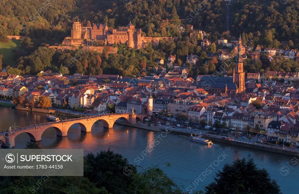 View of the city of Heidelberg and a bridge crossing the River Neckar; Heidelberg, Baden-Wurttemberg, Germany