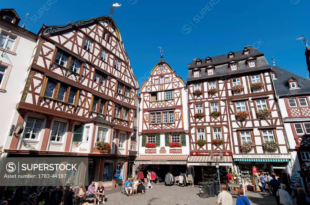 Half-timbered buildings in a marketplace; Bernkastel-Kues, Rhineland-Palatinate, Germany