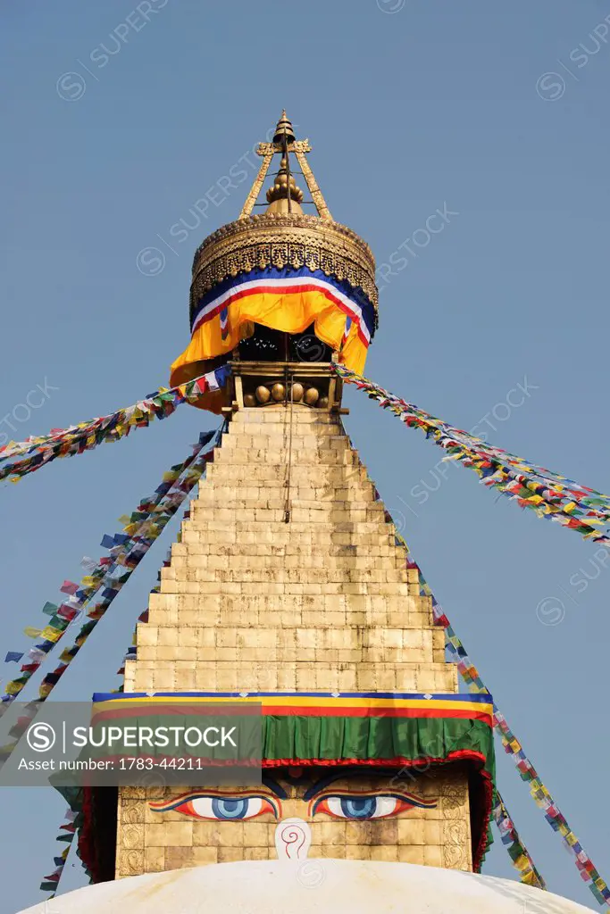 The Buddhist stupa of Boudhanath dominates the skyline and is one of the largest in the world; Boudhanath, Nepal