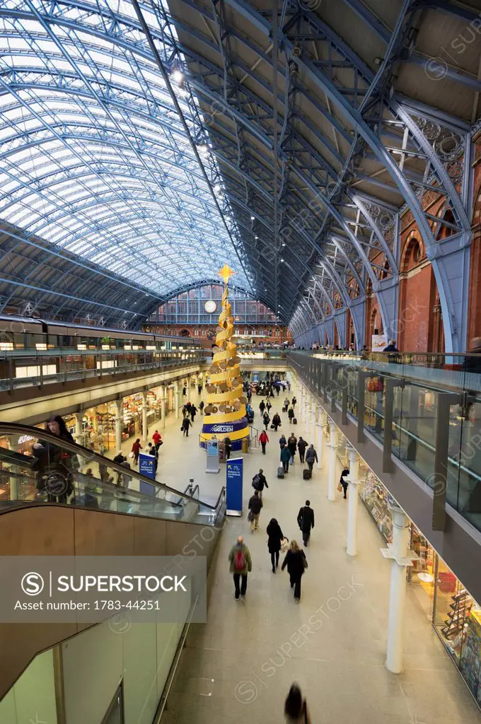 St Pancras station with an indoor Christmas tree; London, England