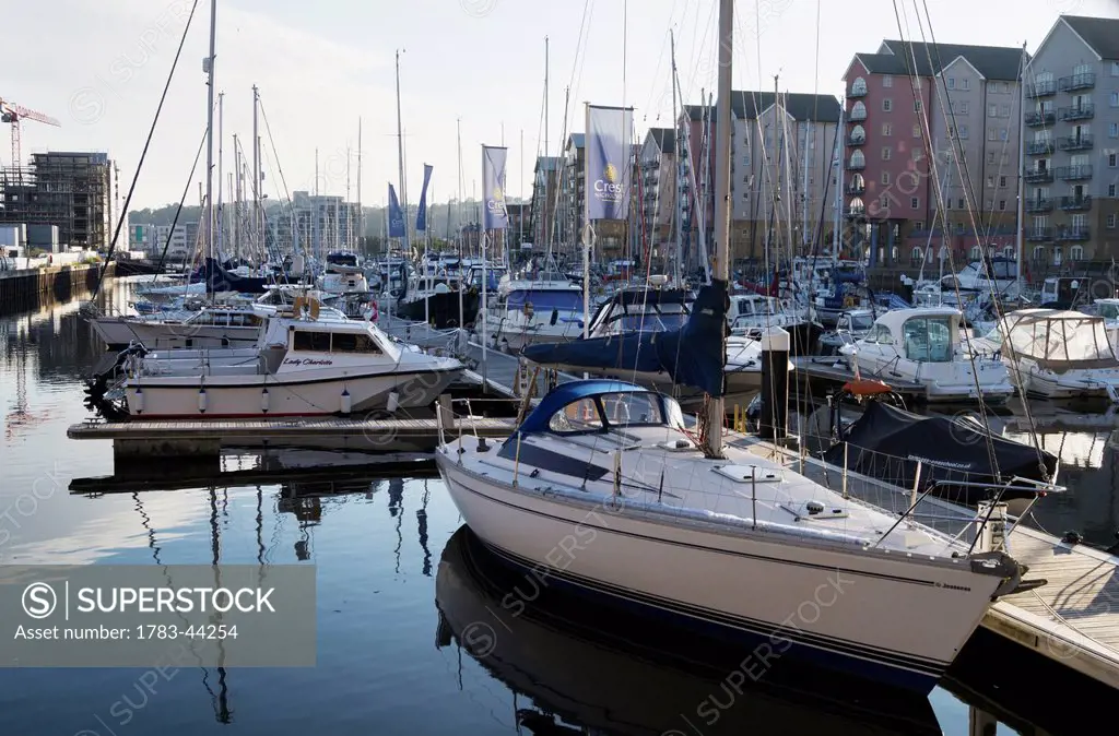 Boats in a busy harbour; Portishead, North Somerset, England