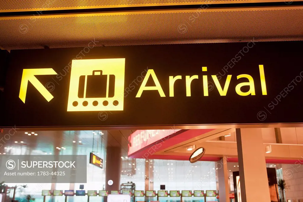 Arrival sign in an airport terminal; Singapore