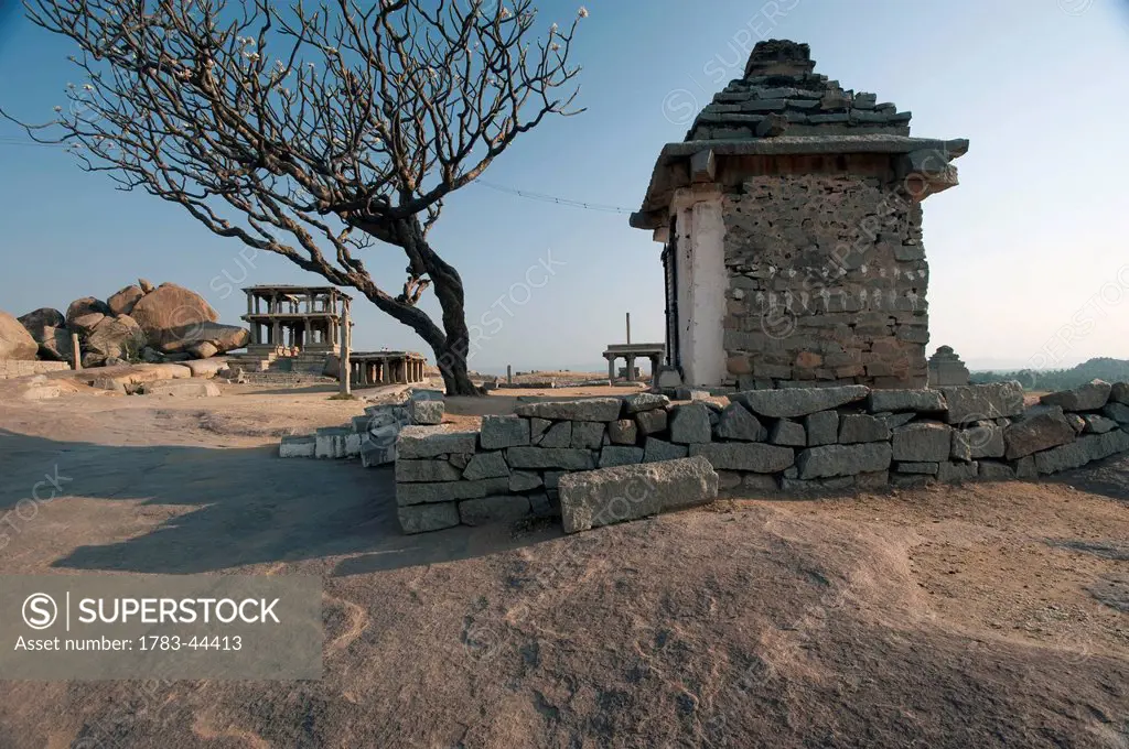 Religious and historic structure beside a leafless tree; Hampi, Karnataka, India