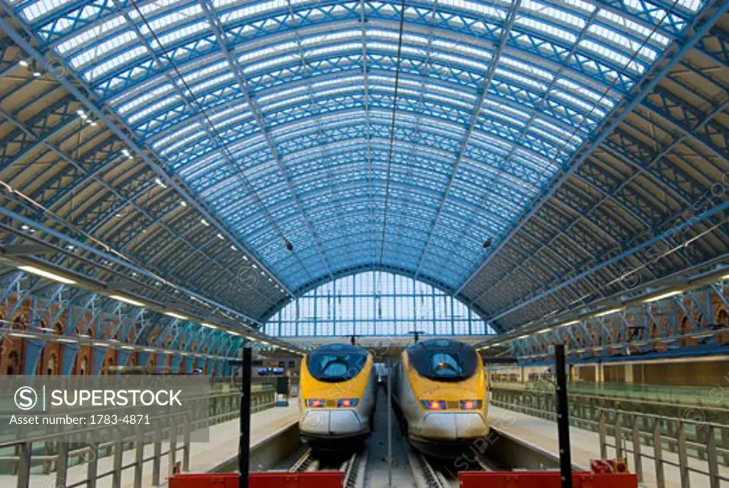 Eurostar trains in Eurostar terminal at St Pancras Station, London, England