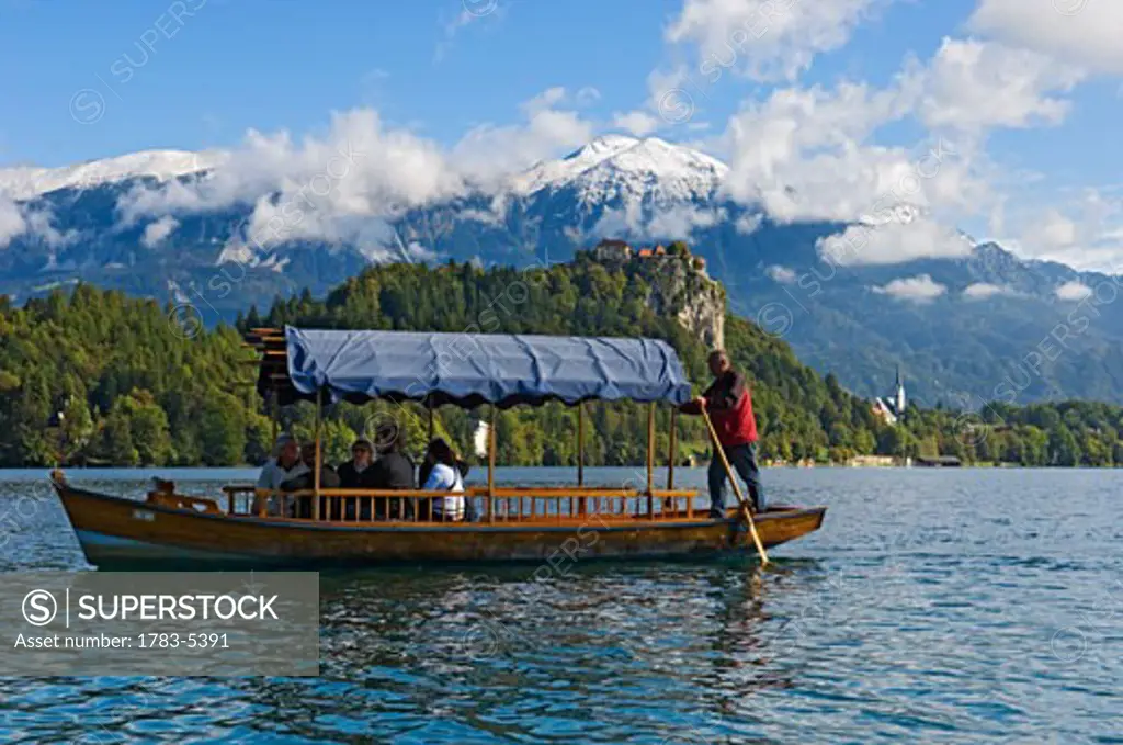 Tourists on Pletna boat, Lake Bled,Gorenjska Region,Slovenia