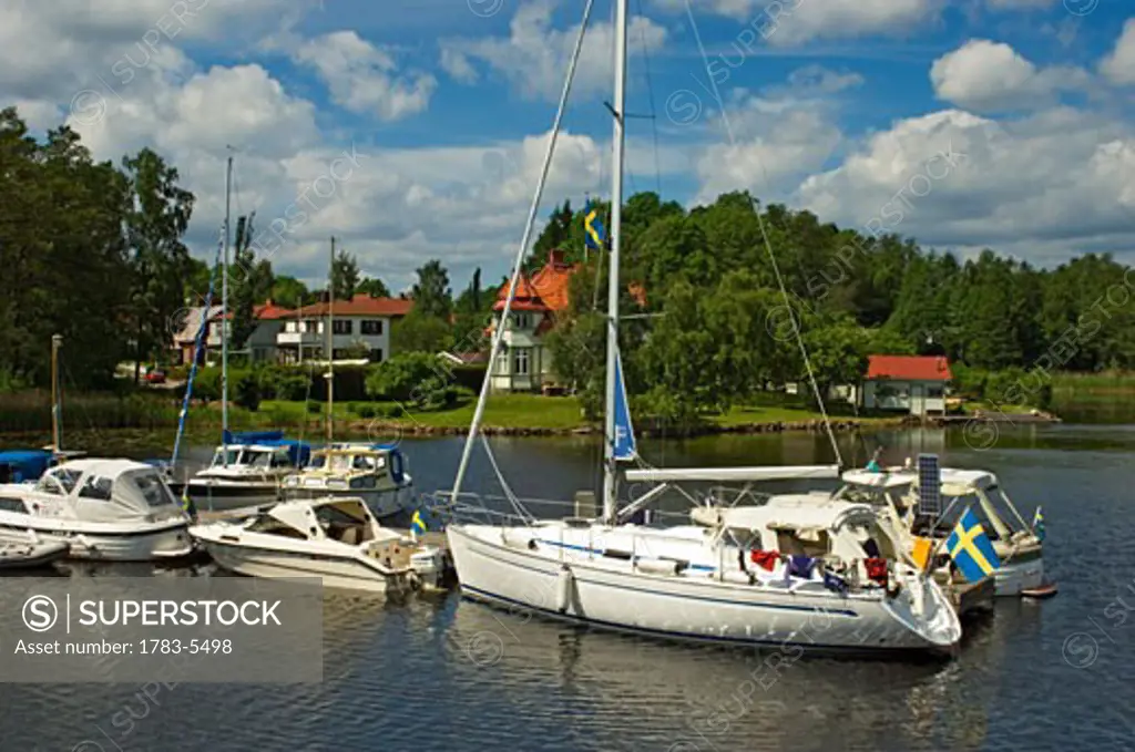 Boats moored at Gota Canal, Sweden