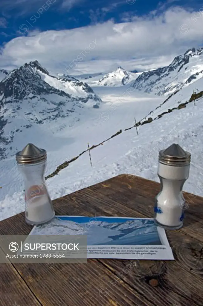 View from Eggishorn onto the large Aletsch glacier, Goms Valais, Switzerland