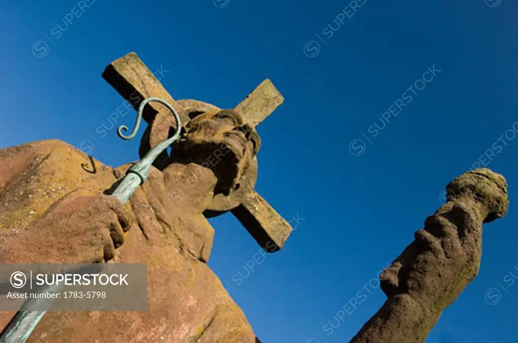 Statue of St. Aidan,low angle view, Lindisfarne Priory,Holy Island,Northumberland,UK