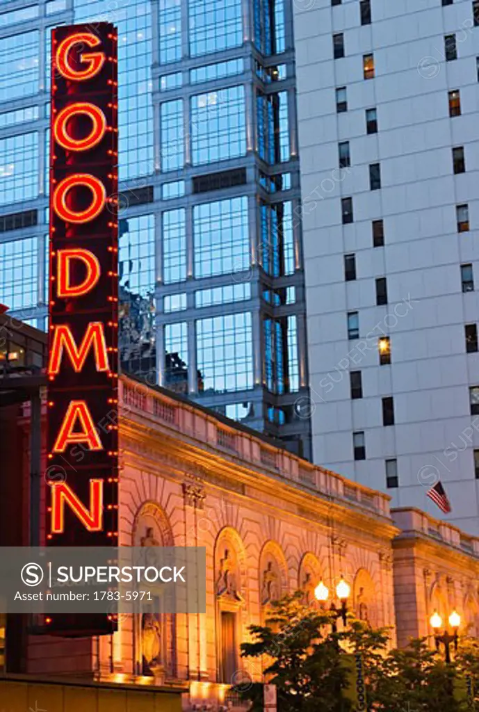 Goodman Theater at night, Chicago, Illinois, USA